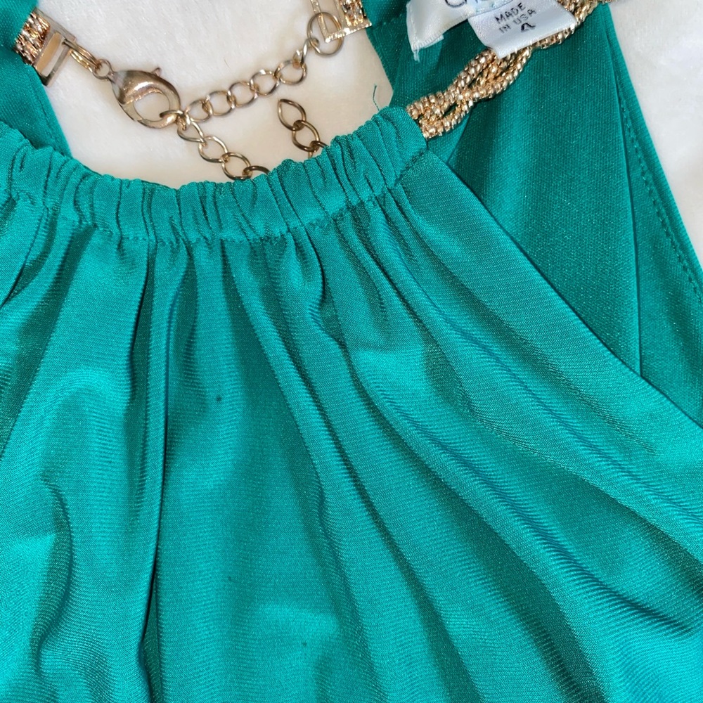Cache Green Halter Midi Dress/ Gold Chain Straps Gem